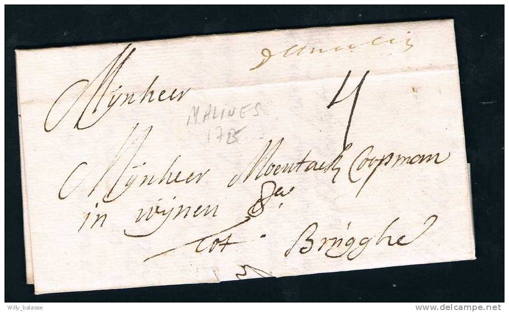 Belgique Précurseur 1725 Lettre Avec Manuscrit "de Malines" + 4 Pour Brugges. - 1714-1794 (Paises Bajos Austriacos)