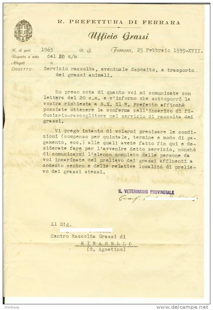 Ferrara: R. Prefettura - Ufficio Grassi. Corrisp. Servizio Raccolta Veterinario Comunale Di Sant´Agostino - Mirabello - Documents Historiques