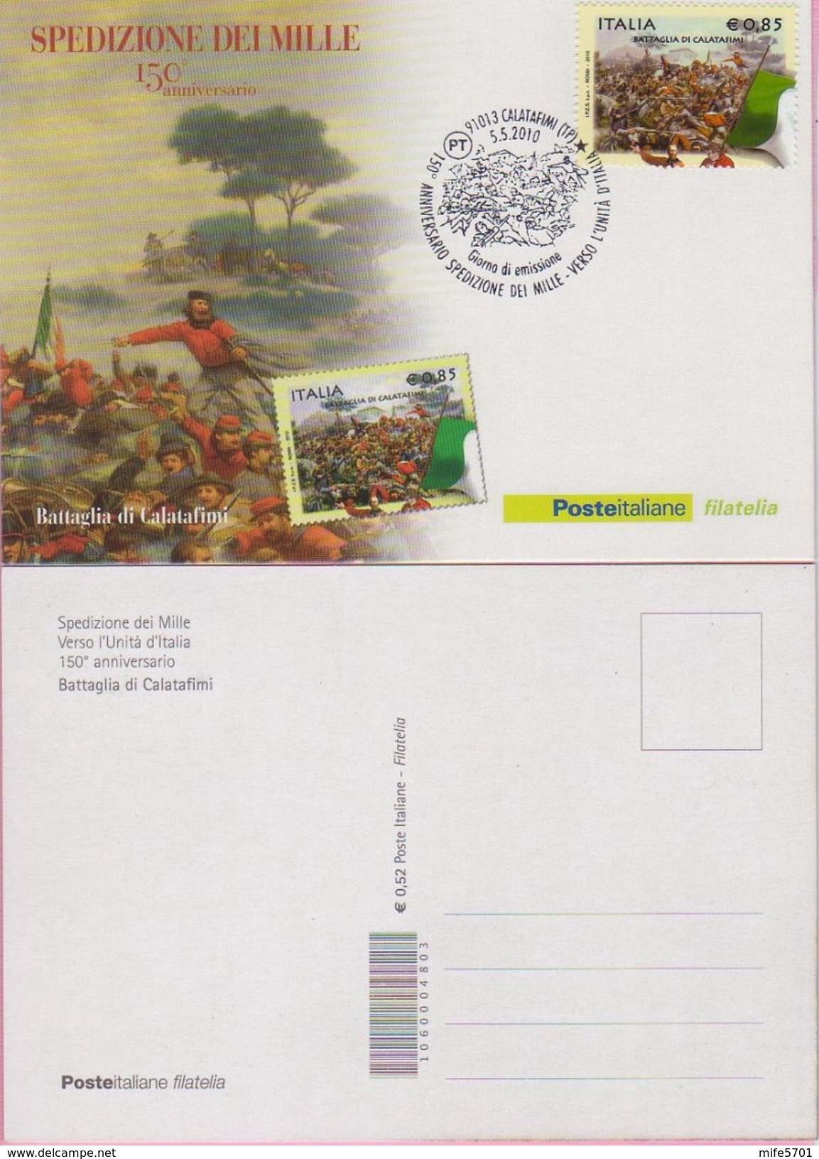 MAXIMUM / MAXICARD - 150° ANNIVERSARIO SPEDIZIONE DEI MILLE: BATTAGLIA DI CALATAFIMI 0,85 EURO - 5.5.2010 - Cartes-Maximum (CM)