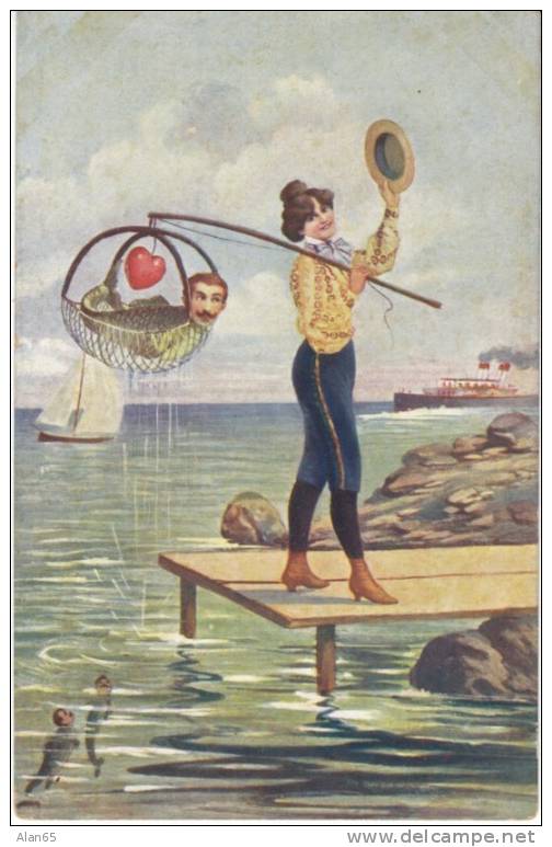 Romance, Superior Woman Catches Man Fishing In Net, On C1900s/10s Vintage Postcard, Oilographed In Austria - Marriages