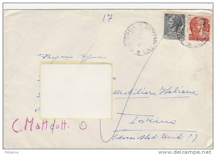 A1006 - 10 £ Michelangelo + 5 £ Sirac. Iso Su Part. VG Crotone-Torino 26-07-1961 - 1961-70: Storia Postale