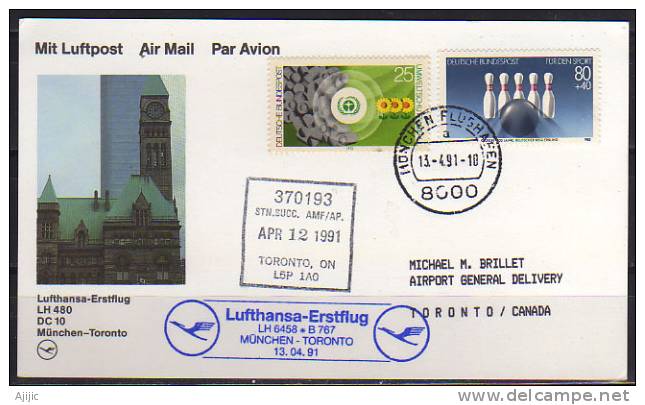 Premier Vol Munich Toronto Par DC 10 Lufthansa En 1991. PRIX REDUIT! - Erst- U. Sonderflugbriefe