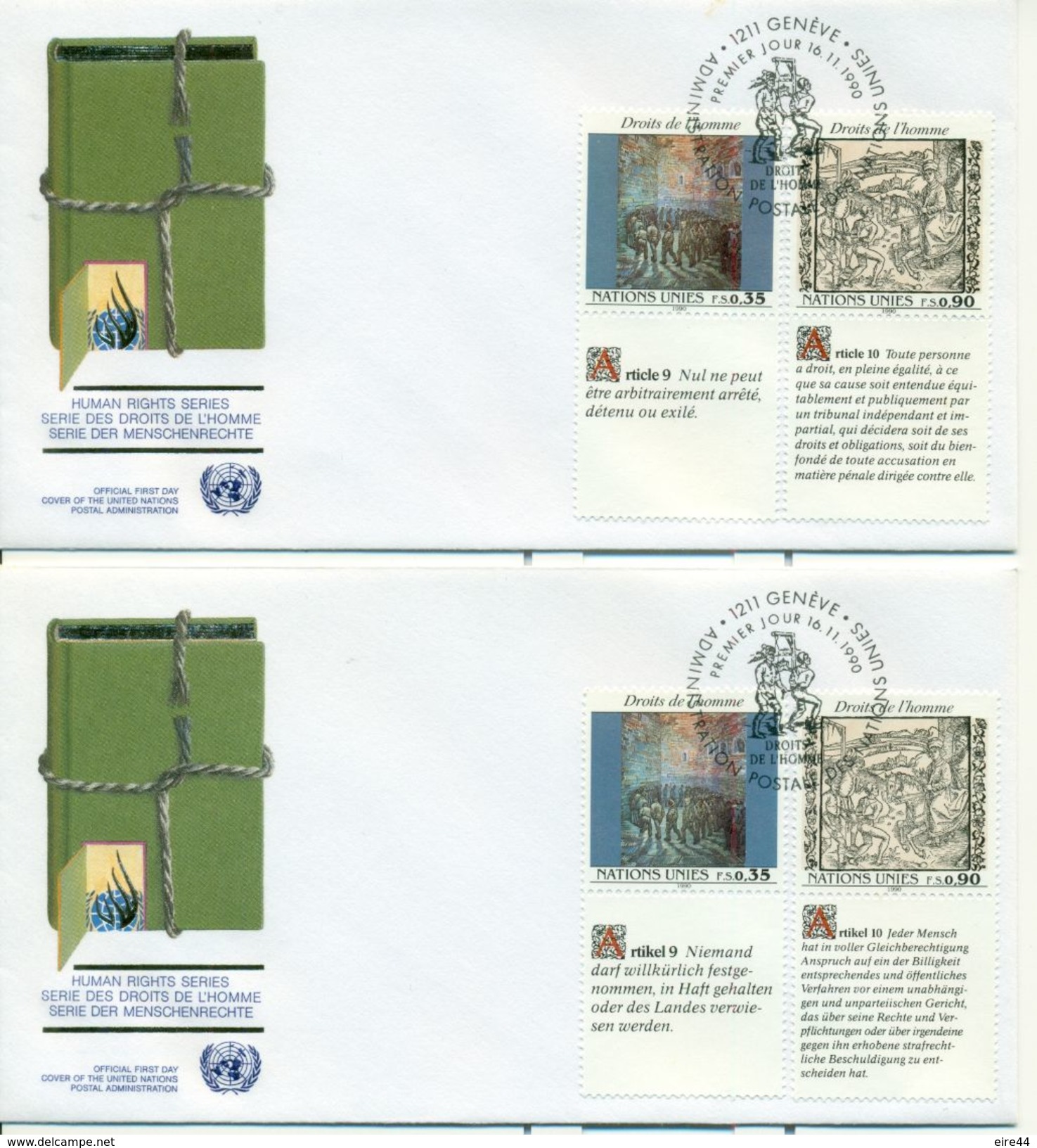 United Nations Switzerland 1990 2 FDC Albrecht Dürer Vincent Van Gogh Human Rights - FDC