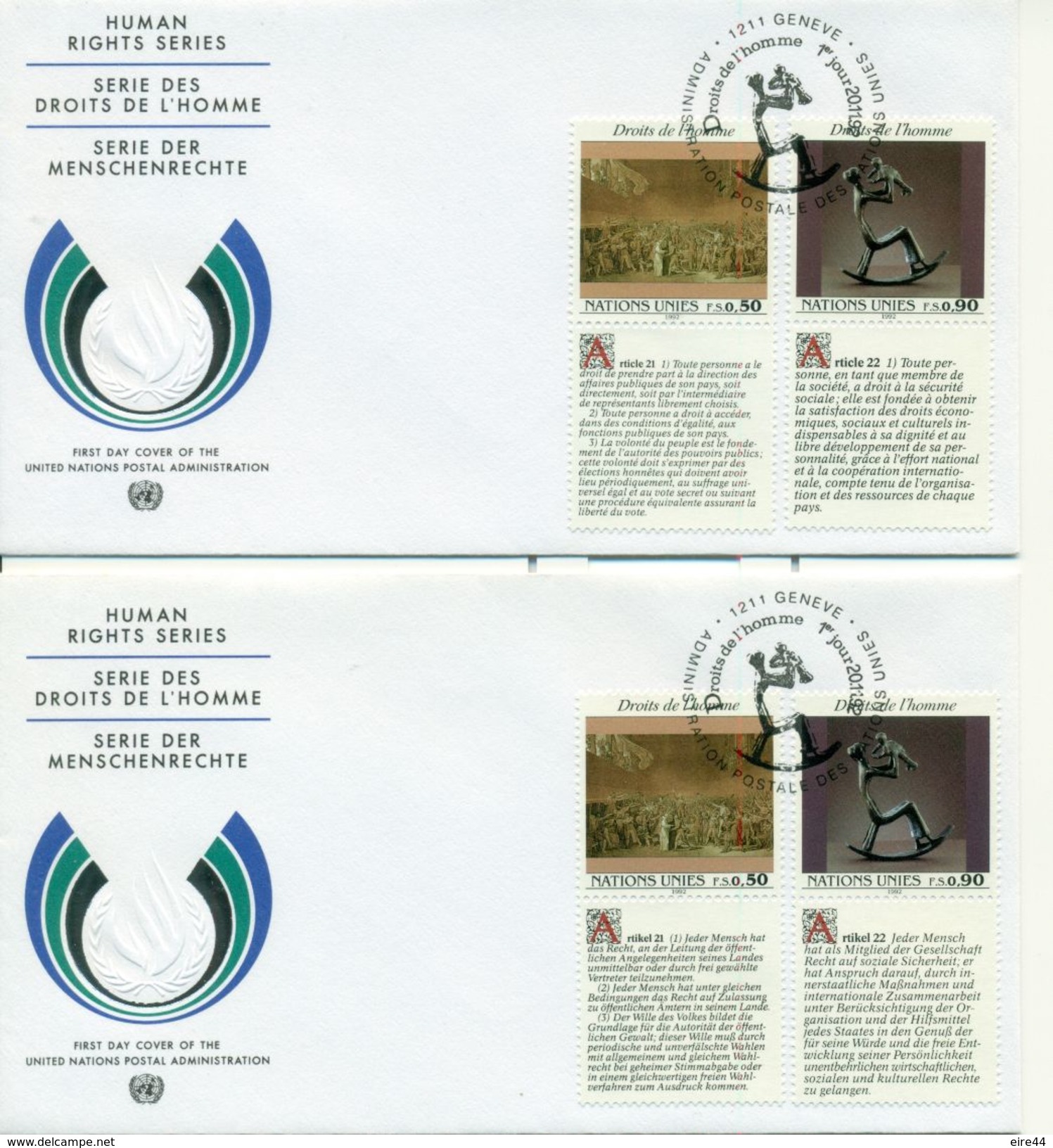 United Nations 1992 2 FDC Human Rights Mexico Paintings Delaunay Pottery - FDC