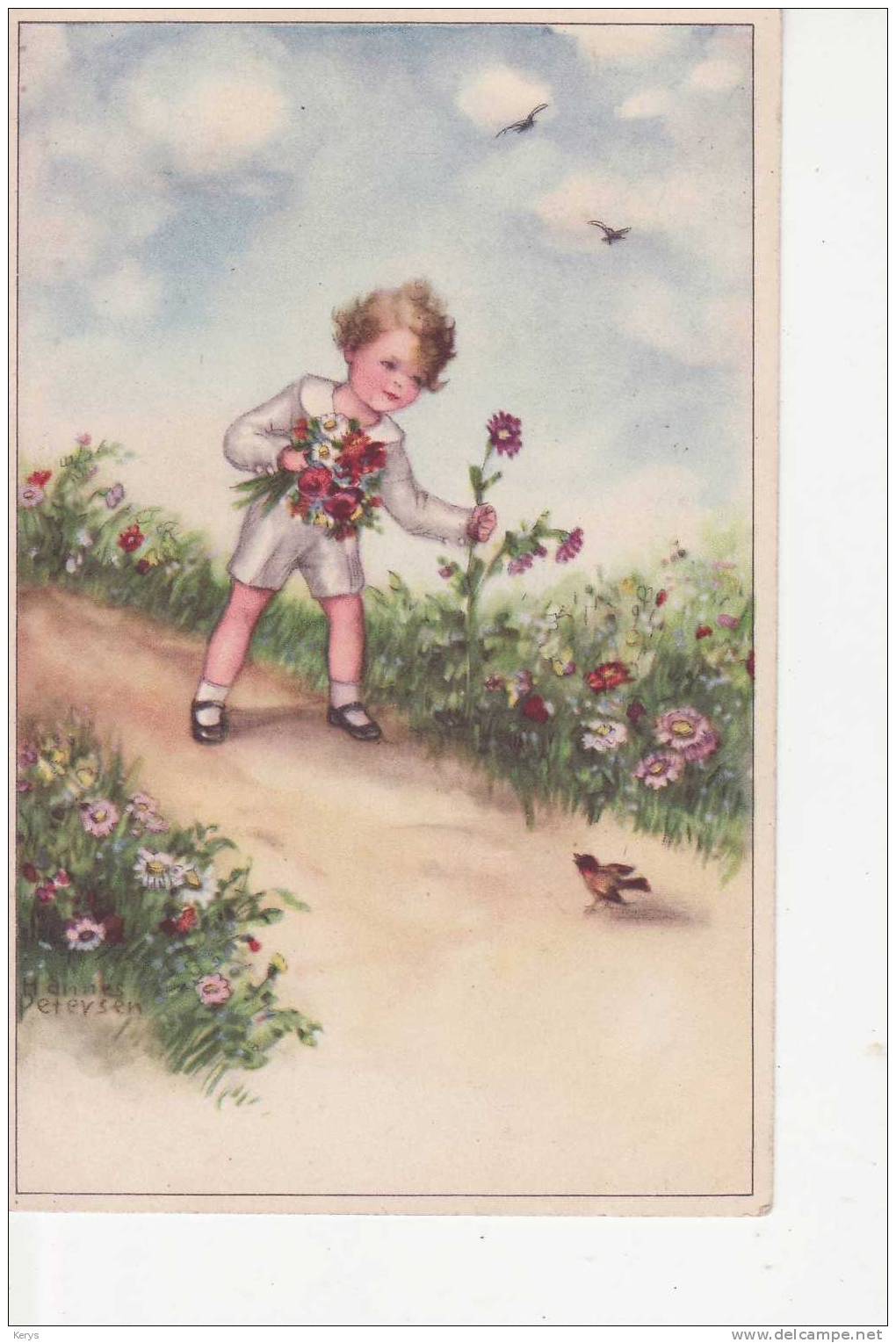 Enfant Cueillant Des Fleurs , Signée Hannes Petersen - Petersen, Hannes