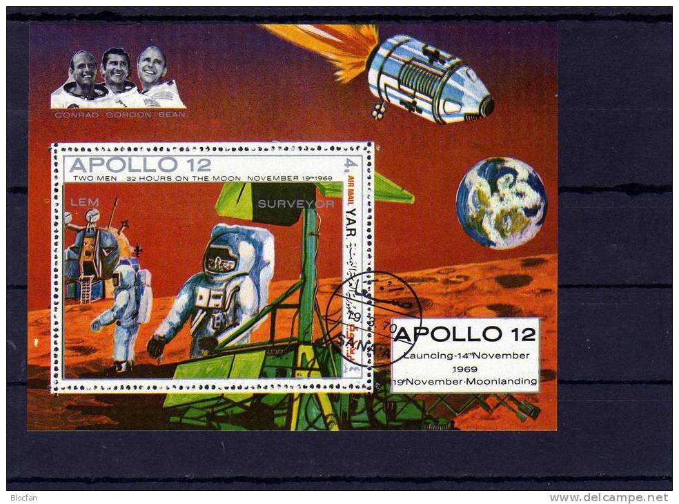 2. Bemannte Mondlandung 1970 Apollo 12 Jemen Block 129 Plus 130 O 15€ Raumfahrt Zum Mond Space Bloc Sheet From Yemen - Yémen