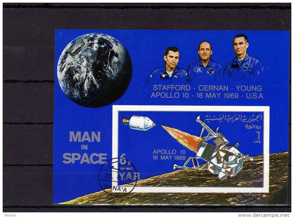 Raumfahrt Apollo 10 Mercury Wostok 1969 Jemen Block 104 Plus 105 O 24€ Raumflug Zum Mond Space Bloc Sheet From Yemen - Yémen