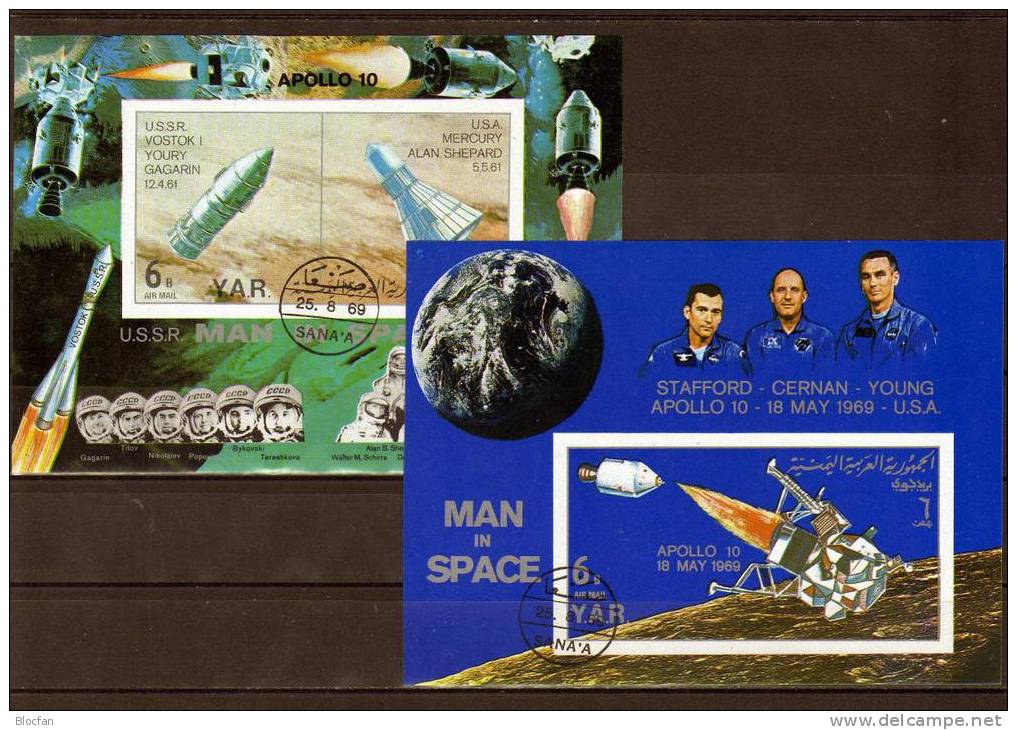 Raumfahrt Apollo 10 Mercury Wostok 1969 Jemen Block 104 Plus 105 O 24€ Raumflug Zum Mond Space Bloc Sheet From Yemen - Yémen