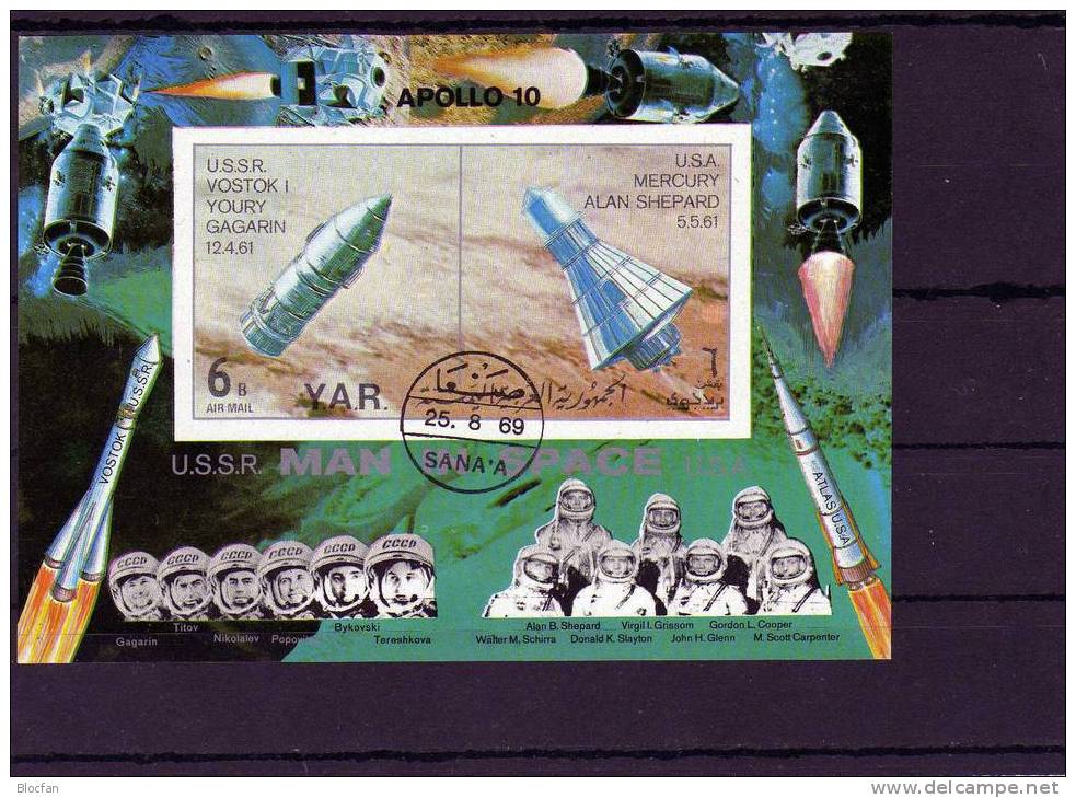 Raumfahrt Apollo 10 Mercury Wostok 1969 Jemen Block 104 Plus 105 O 24€ Raumflug Zum Mond Space Bloc Sheet From Yemen - Yémen