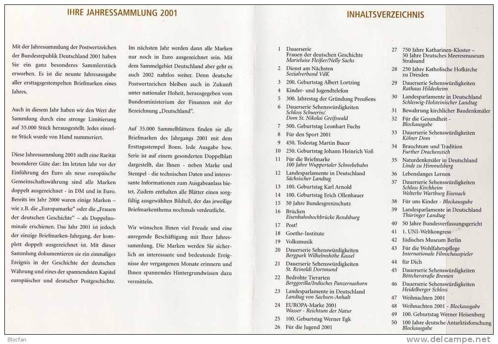 Bund Jahressammlung 2001 Mit 50 ETB BRD 2156-Block 57 SST 130€ Ersttagsblatt Mit Illustration Documentation Book Germany - Collezioni (in Album)