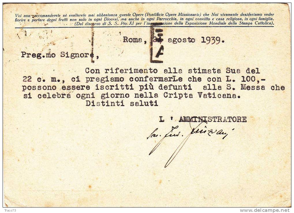 ROMA /  TRAPANI - Cartolina Pubblicitaria "Pontificie Opere Missionarie" Firma  -24.8.1939 - Imperiale Cent. 30 (forato) - Reclame