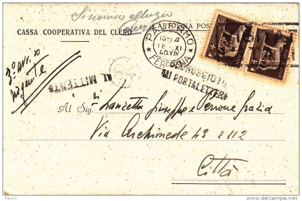 PALERMO / Città - Cartolina Pubblicitaria 18.11.1940  " Cassa Cooperativa Del Clero " Imperiale Cent. 5 X 2 - Reklame