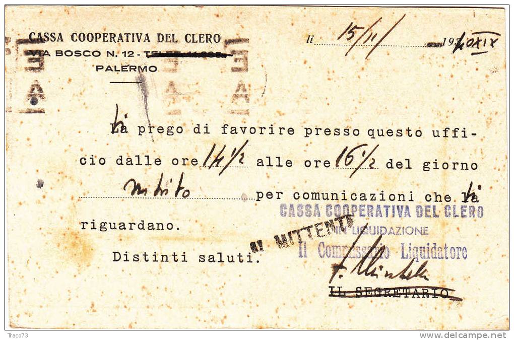 PALERMO / Città - Cartolina Pubblicitaria 18.11.1940  " Cassa Cooperativa Del Clero " Imperiale Cent. 5 X 2 - Reclame