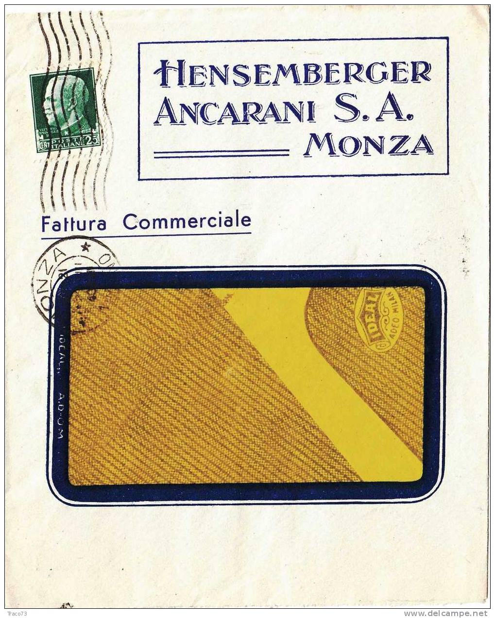 MONZA / MERATE - Lettera Pubblicitaria 23.8.1940  " Hensemberger Ancarani S.A. " Imperiale Cent. 25 - Publicité