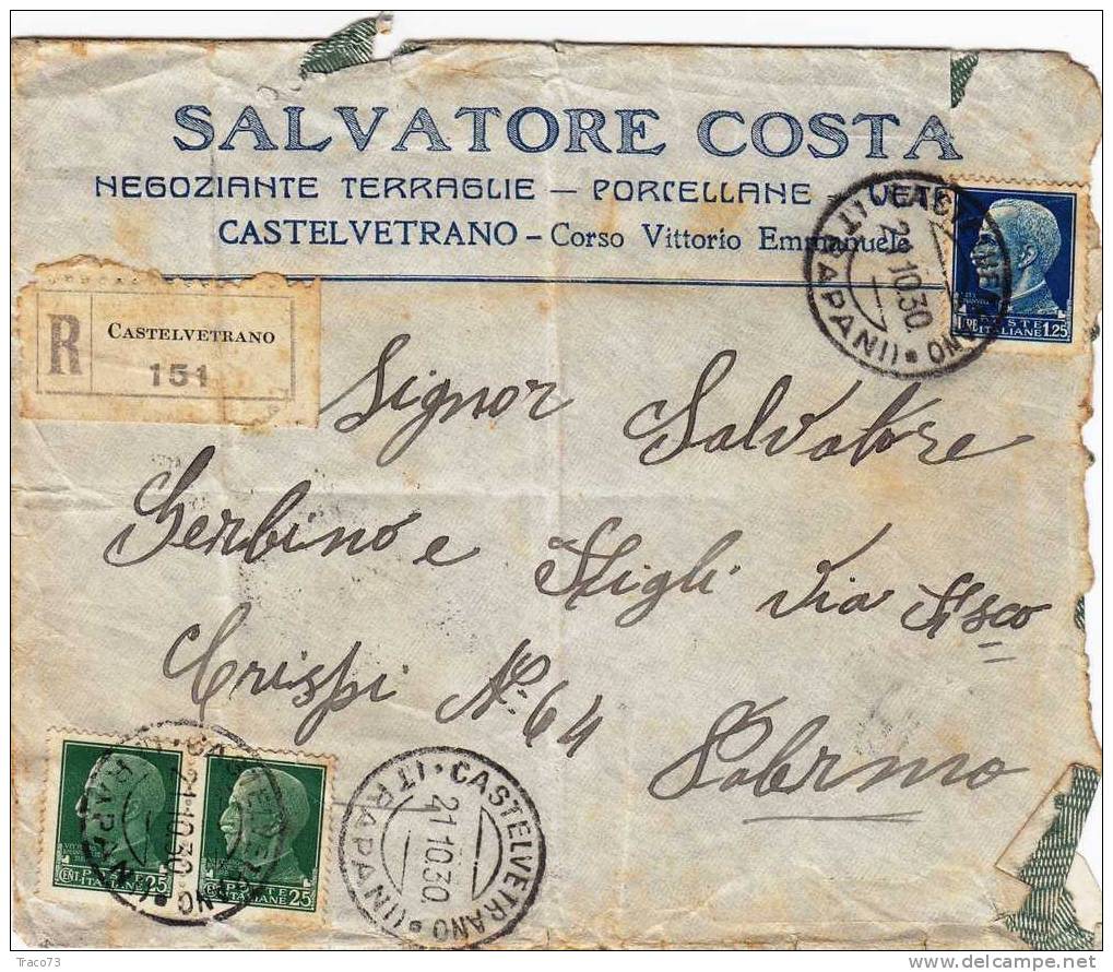 CASTELVETRANO / PALERMO - Lettera Pubbl.21.10.1930 " Negoziante Di Terraglie -Salvatore Costa "  Lire 1,25 + Cent.25 X 2 - Reclame