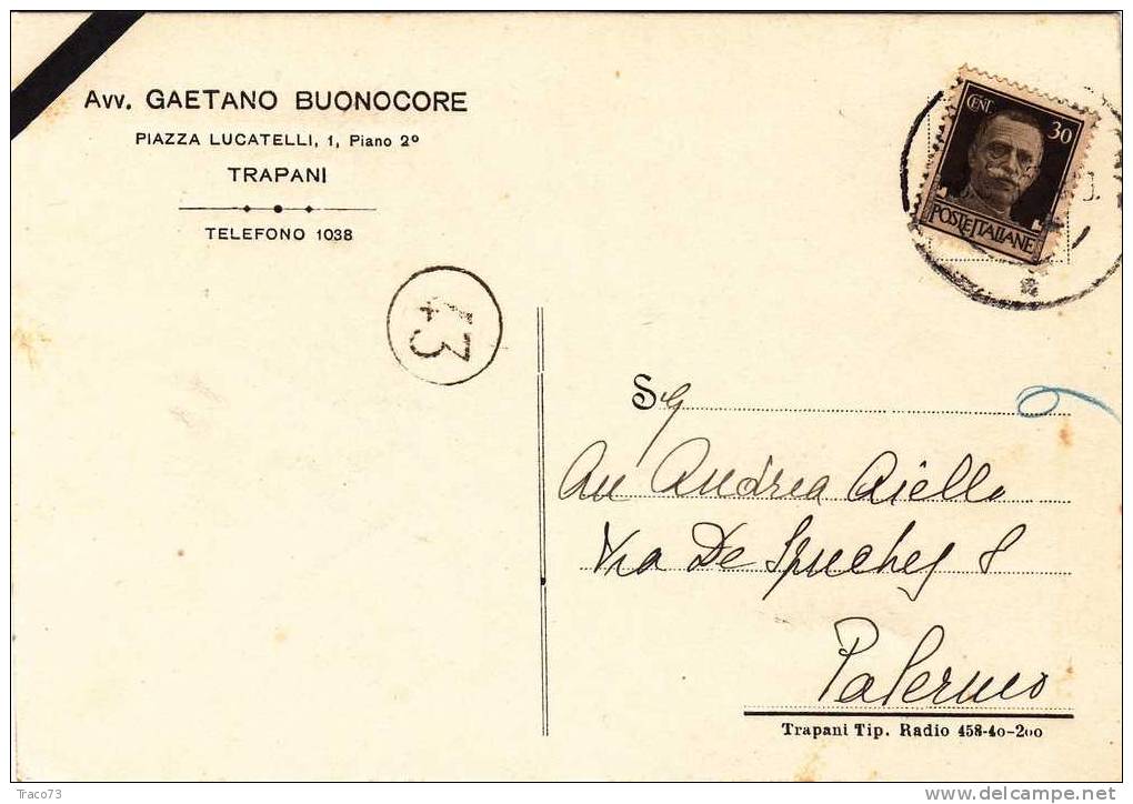 TRAPANI / PALERMO - Cartolina  Pubbl. Firma " Avvocato GAETANO BUONOCORE "  Imp. Cent. 10 - Reklame