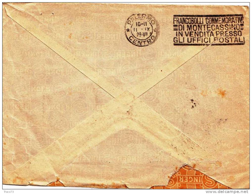 CATANIA / PALERMO - Lettera  Pubbl. Con Targhetta 10.9.1929  " Compagnia SINGER " Imperiale  Cent. 50 - Reclame