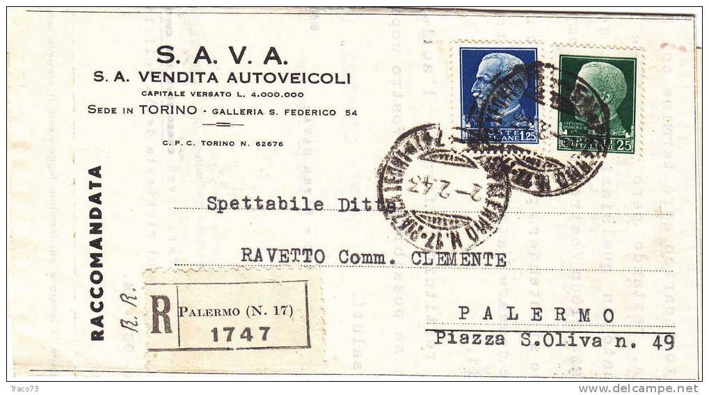 PALERMO  / CITTA´ - Piego R. Pubbl. 2.2.1943  "S.A.V.A. Vendita Autoveicoli " Imperiale Lire 1,25 + 25 C. - Reklame