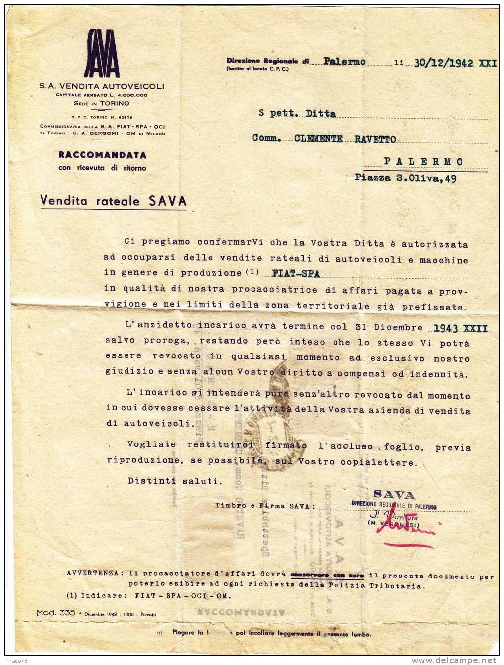 PALERMO  / CITTA´ - Piego R. Pubbl. 2.2.1943  "S.A.V.A. Vendita Autoveicoli " Imperiale Lire 1,25 + 25 C. - Reklame