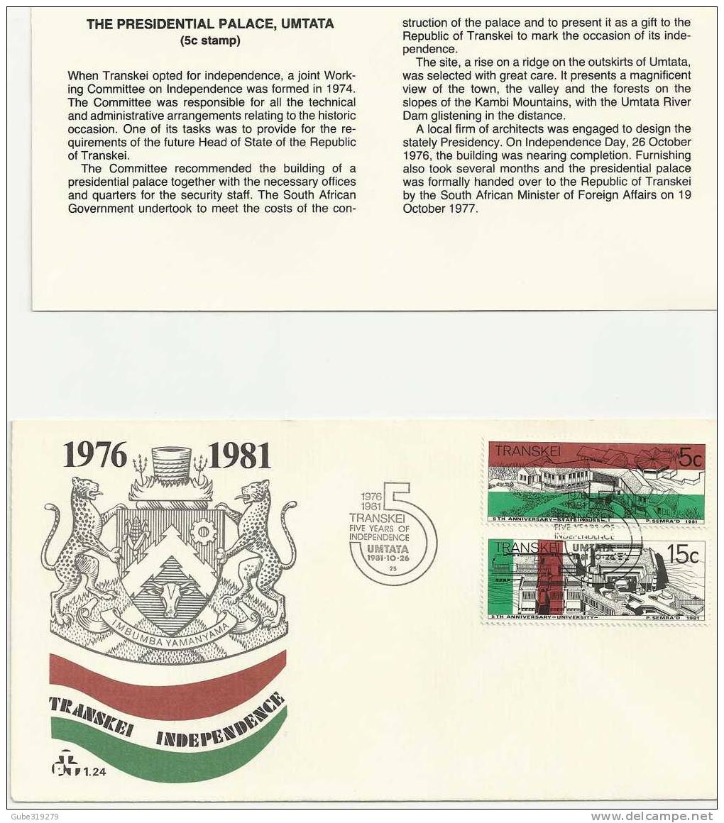 TRANSKEI-1981 - 1 PIECE FDC 5TH YEAR INDIPENDENCE1976 -  26 OCT .1981 WITH 2 STAMPS OF515  CENTS  - REF.02 - Transkei