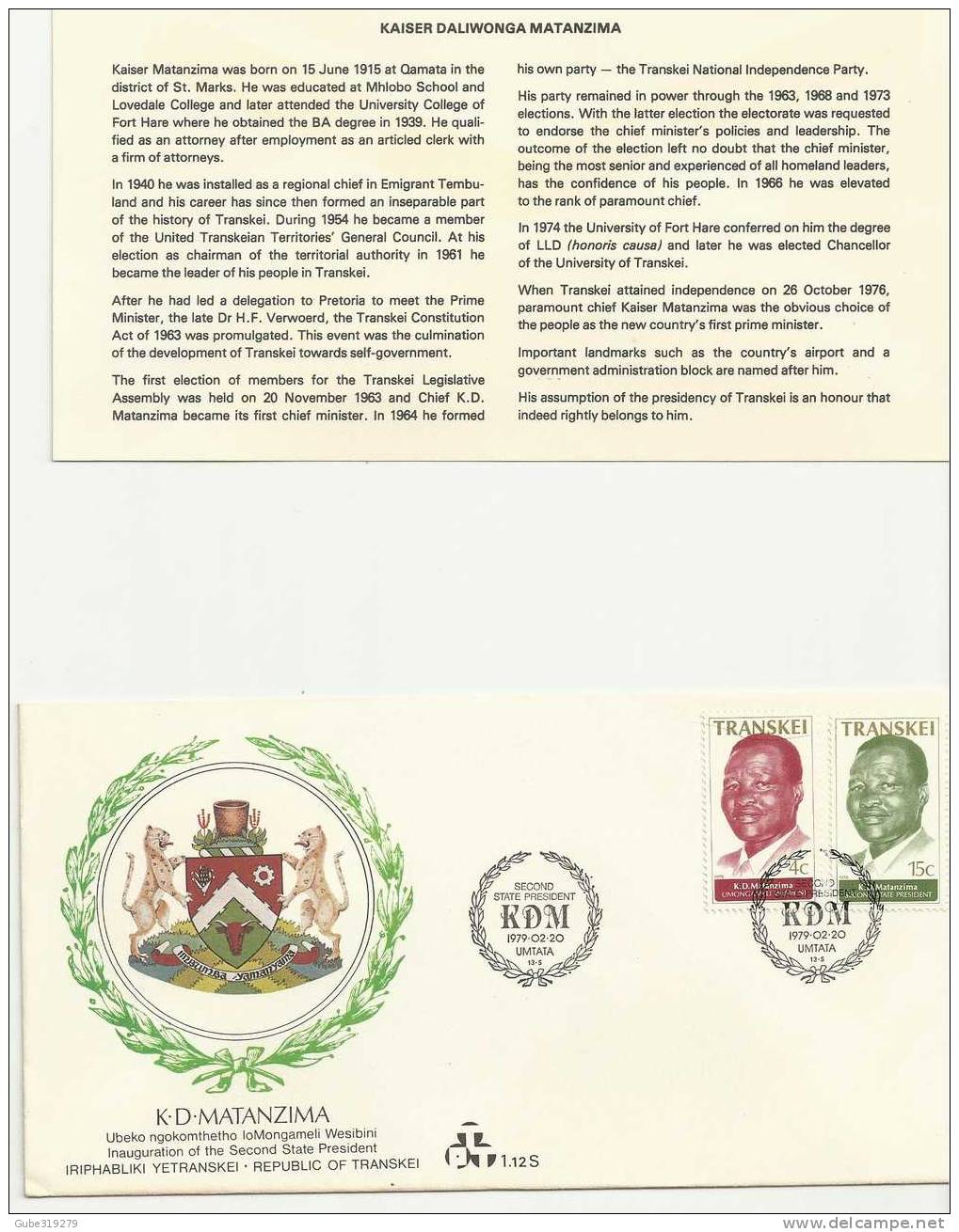 TRANSKEI-1979- 1 PIECE FDC 2ND STATE PRESIDENT MATANZIMA 20 FEB .1979  WITH 2 STAMPS OF4-15  CENTS  - REF.03 - Transkei