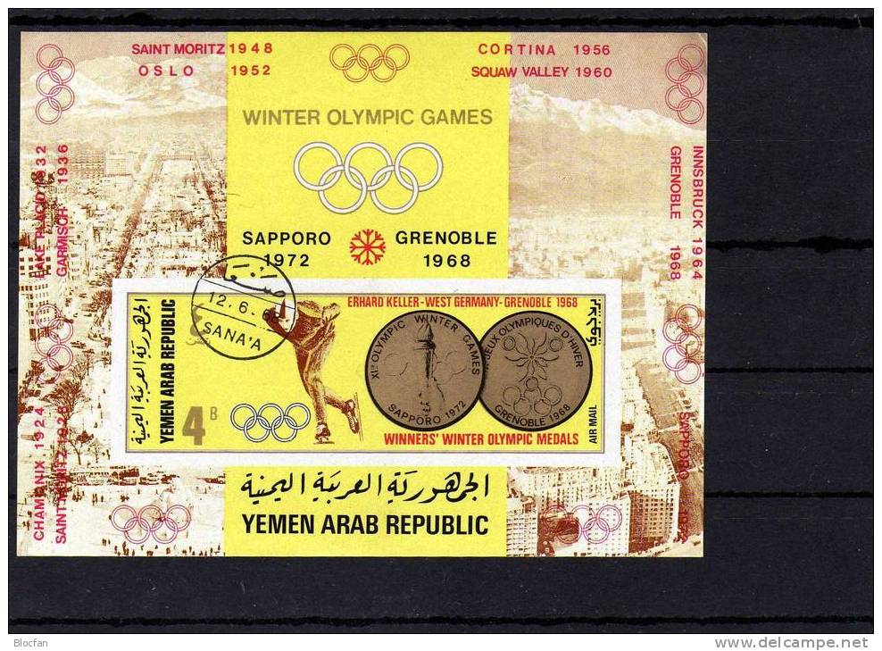Winter-Olympiade Grenoble 1968 Eissprint Jemen Block 74A+B O 18€ Eisschnell-Lauf Ss Olympics Hb Bloc Sheet Bf Yemen - Yémen