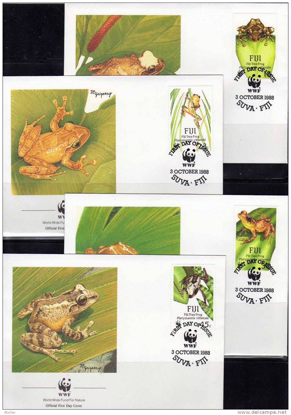 WWF-Set 72 Fidschi Insel 586/9 **, 4FDC plus 4MKt. 45€CHF Baum-Frosch mit Dokumentation 1988 from Fiji Islands Oceanien