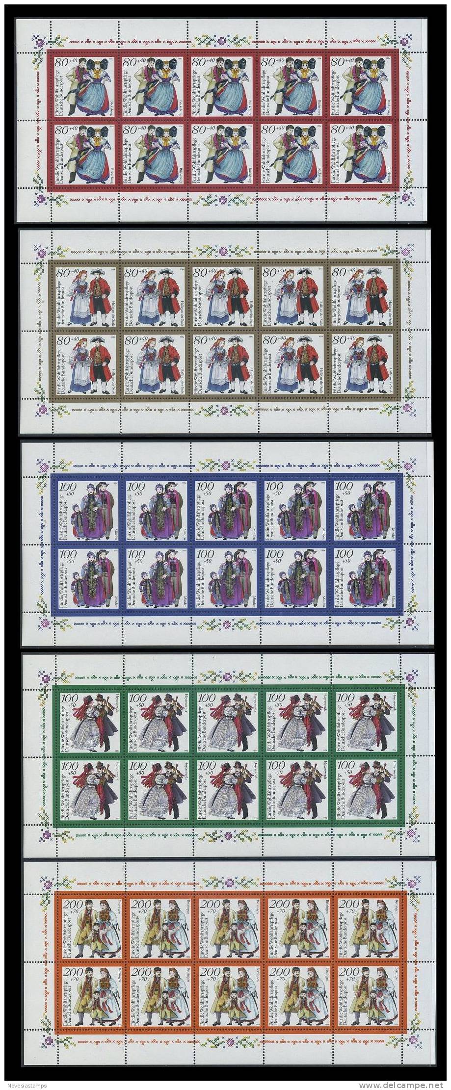 !a! GERMANY 1994 Mi. 1757-1761 MNH SET Of 5 SHEETS(10) -German Traditional Costumes - 1991-2000