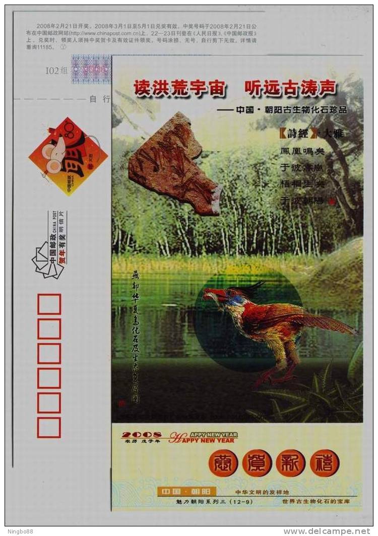 Catbayornis Yandica Bird Fossil,CN08 Chaoyang Treasure-House Of Fossil On Earth Advertising Pre-stamped Card - Fossiles