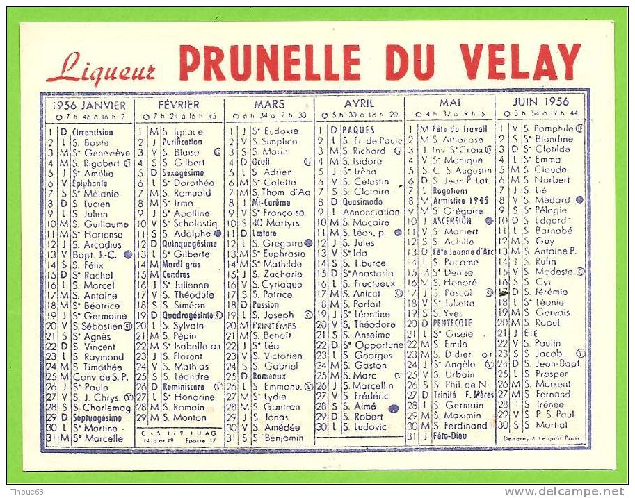 Liqueur "PRUNELLE Du VELAY"  Petit Calendrier Publicitaire 1956 - Petit Format : 1941-60