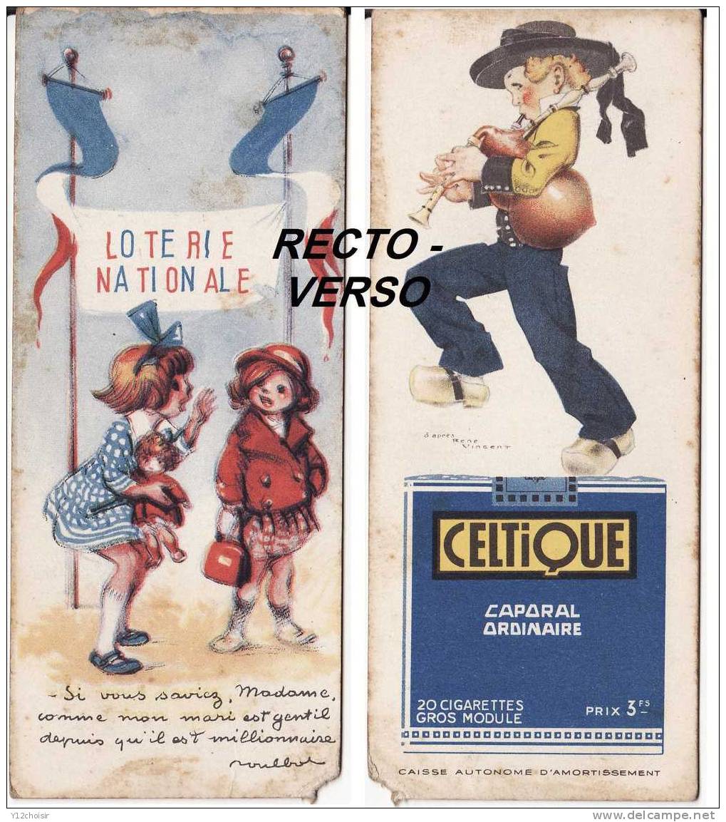 MARQUE PAGE CELTIQUE CAPORAL CIGARETTES BRETAGNE BIGNOU LOTERIE NATIONALE DRAPEAU BLEU BLANC ROUGE ENFANTS SIGNE POULBOT - Dokumente