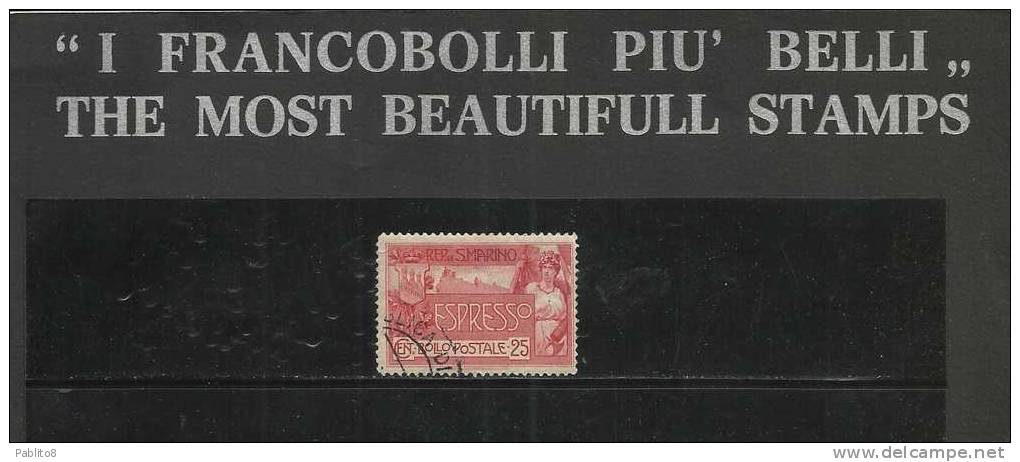 SAN MARINO 1907 ESPRESSI ALLEGORIA E VEDUTA ALLEGORY & VIEW SPECIAL DELIVERY ESPRESSO LIRE 25 TIMBRATO USED - Eilpost