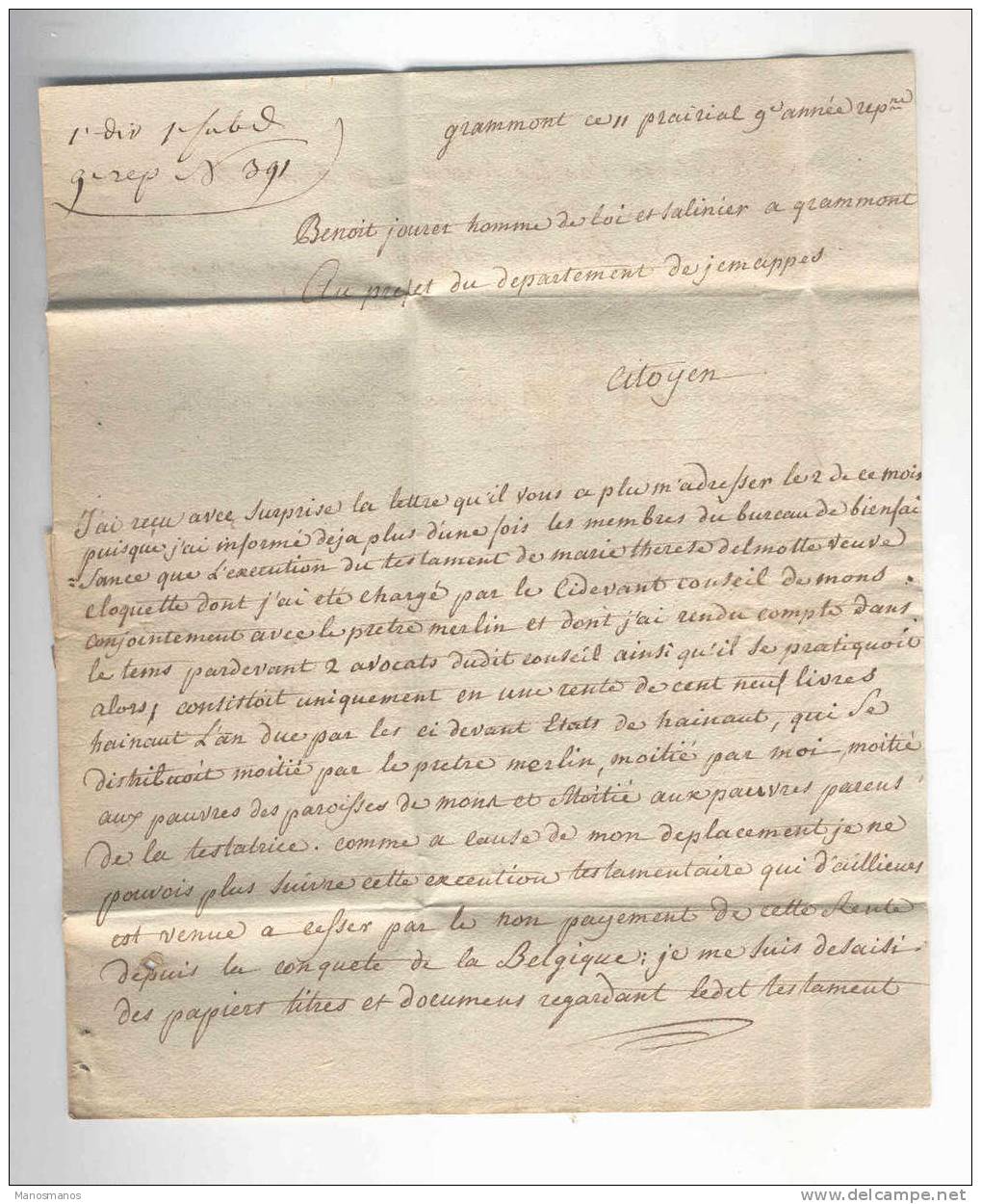 314/17 - Lettre Précurseur 92 GRAMMONT (Frappe Glissée) An 9 Vers MONS - Port 2 Décimes - 1794-1814 (Période Française)