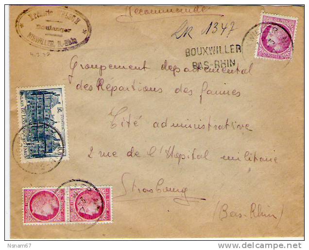 325 - RECOMMANDE PROVISOIRE - BOUXWILLER - MARS 1947 - Timbres Type MAZELIN + LUXEMBOURG - 1921-1960: Modern Period
