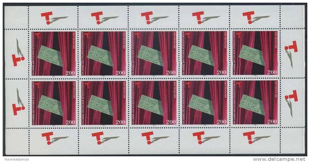 !a! GERMANY 1996 Mi. 1857 MNH SHEET(10) -German Theatre Association - 1991-2000