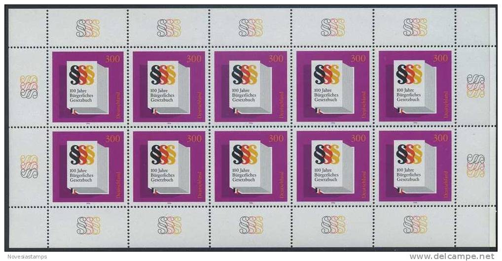 !a! GERMANY 1996 Mi. 1874 MNH SHEET(10) -Civil Code - 1991-2000