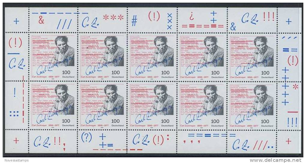 !a! GERMANY 1996 Mi. 1893 MNH SHEET(10) -Carl Zuckmayer - 1991-2000