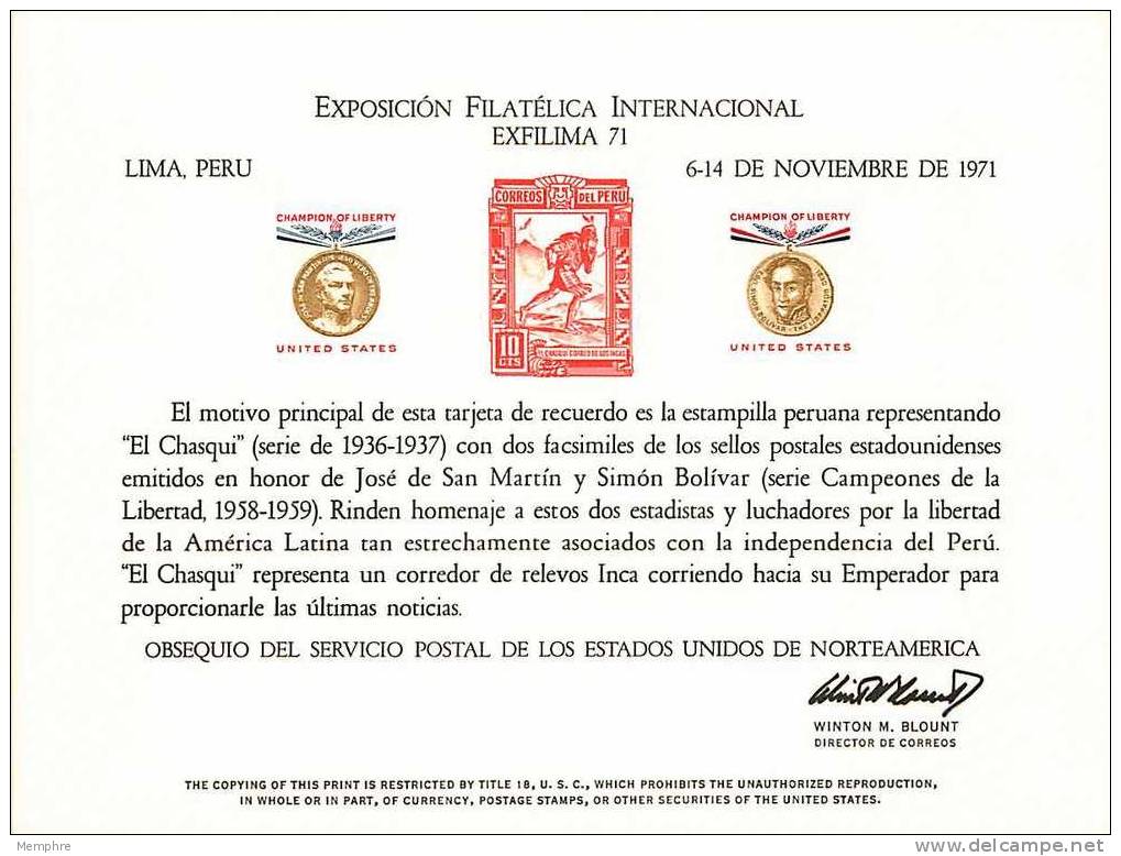 Souvenir Card  -1971 Exposicion Filatelica Internacional  EXFILIMA 71 - Lima, Peru - Cartes Souvenir