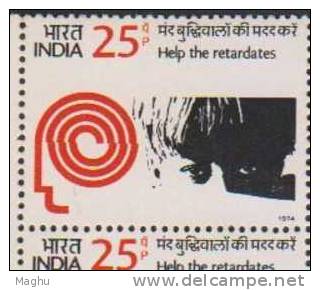 India 1974 MNH, Block Of 4, Help Mentally Retardates  Retared Children, Health, Disable, Handicap - Blocchi & Foglietti