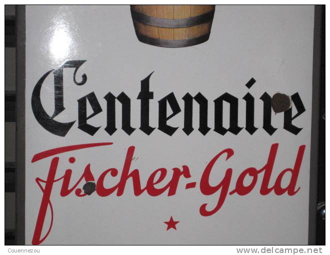 PLAQUE EMAILLEE CENTENAIRE BRASSERIE  FISCHER GOLD    49 X 98 CMS Biere Du Pecheur - Placas Esmaltadas (desde 1961)