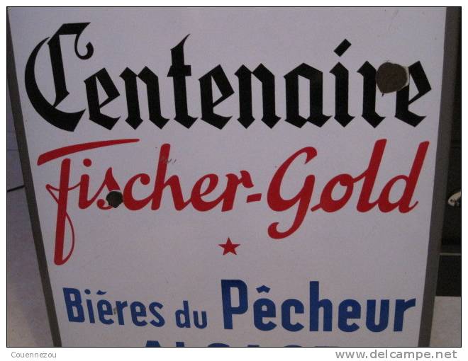 PLAQUE EMAILLEE CENTENAIRE BRASSERIE  FISCHER GOLD    49 X 98 CMS biere du pecheur