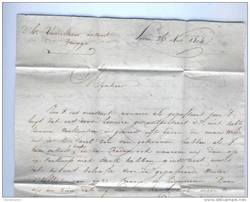 317/17 - Lettre Précurseur 94 LOUVAIN 1804 Vers BRUGES - Port 3 Décimes - Signé Vanuyé Frères Et Soeurs - 1794-1814 (Période Française)