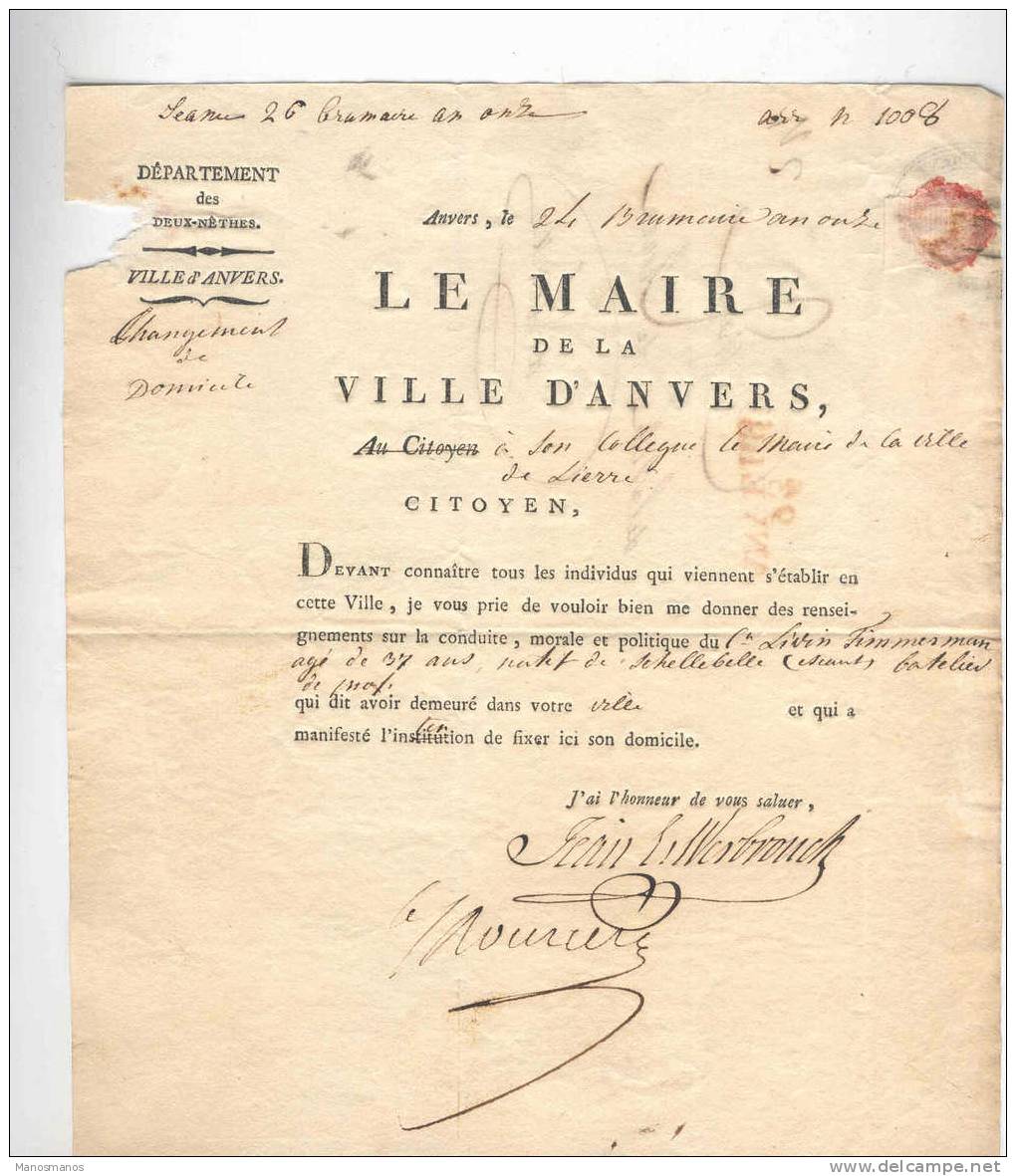 319/17 - Lettre Précurseur 93 ANVERS An 11 Vers LIERRE - Entete Et Cachet Maire De La Ville D´Anvers - 1794-1814 (Période Française)