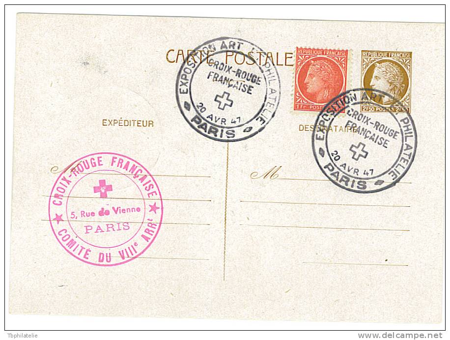 VEND BEL ENTIER POSTAL N°681 - CP2+1F+0,10F , EXPOSITION ART ET PHILATELIE CROIX ROUGE FRANCAISE  , PARIS 20 AVRIL 1947 - Croix Rouge