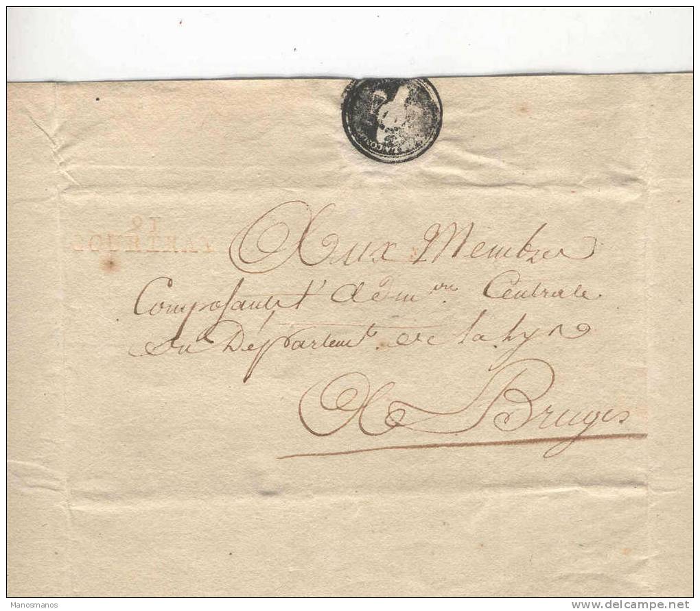 324/17 - Lettre Précurseur 91 COURTRAY Vers BRUGES - Entete Et Cachet Commissaire Du Directoire à Courtray - 1794-1814 (Période Française)