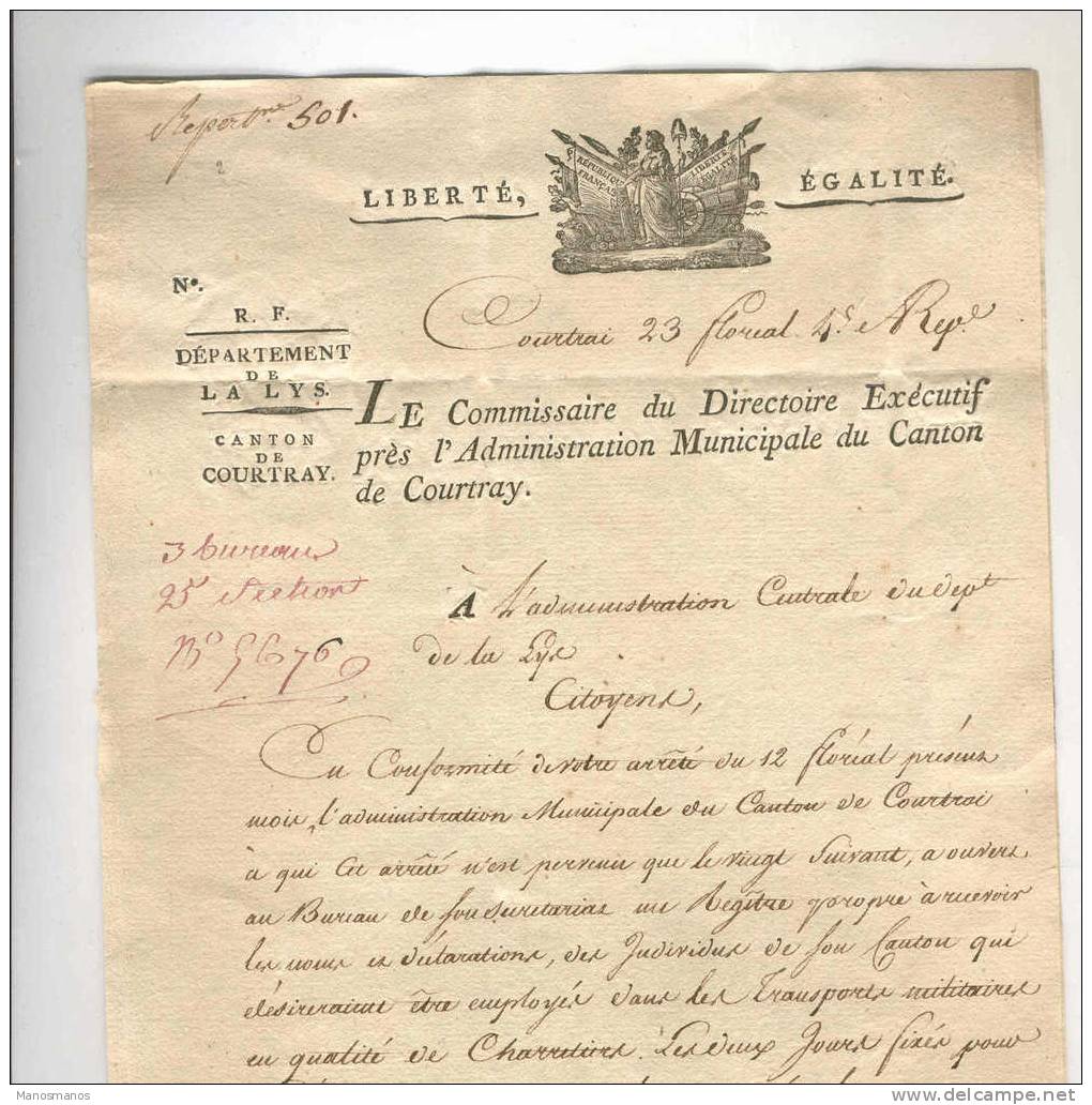 324/17 - Lettre Précurseur 91 COURTRAY Vers BRUGES - Entete Et Cachet Commissaire Du Directoire à Courtray - 1794-1814 (Période Française)