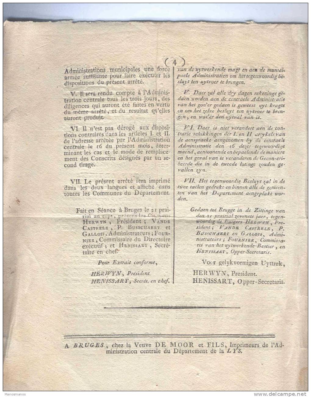 328/17 - Document 4 Pages BRUGES An 7 - Administration Du Département De La Lys - Conscription Et Déserteurs - Documents Historiques