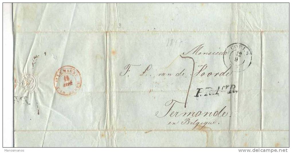 331/17 -  Lettre Précurseur COELN 1847 Vers TERMONDE - Cachets PR 1er R Et ALLEMAGNE PAR HERVE - Grenzübergangsstellen