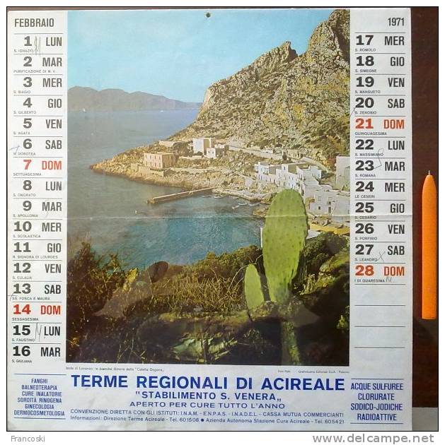 Calendario Terme Regionali Acireale S.Venera 1971- Soggetto: Luoghi Di Sicilia- - Grossformat : 1971-80