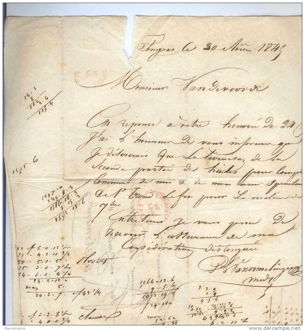 332/17 -  Lettre Précurseur TONGRES 1845 Vers TERMONDE - Port 4 Décimes - Signé Vanormelingen - Bureaux De Passage